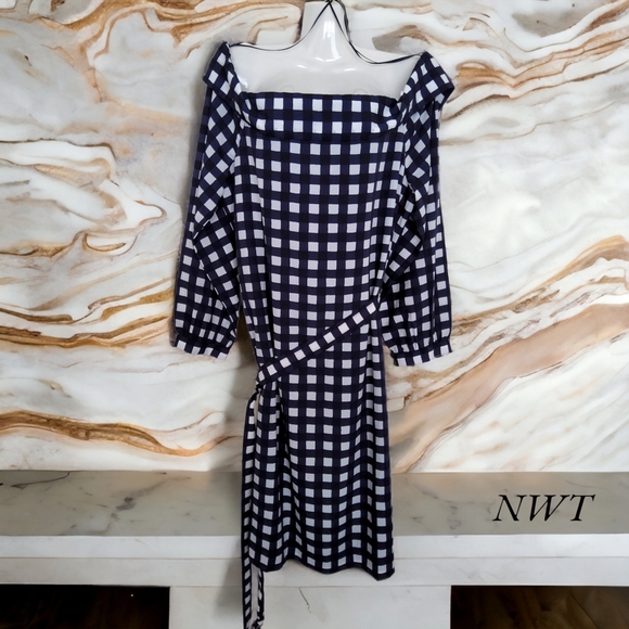 NWT!! Banana Republic Popular Navy Blue White Squares Off The Shoulder Dress!!💖 - Picture 9 of 11